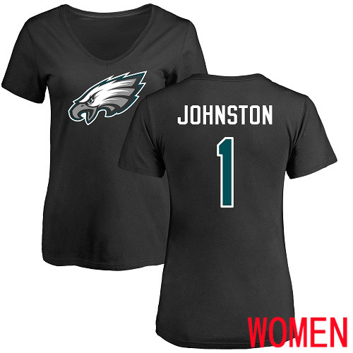 Women Philadelphia Eagles #1 Cameron Johnston Black Name and Number Logo Slim Fit NFL T Shirt->nfl t-shirts->Sports Accessory